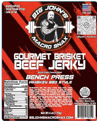 "Bench Press" Beef Jerky - Whiskey BBQ Brisket, (3oz) High-Protein Snack